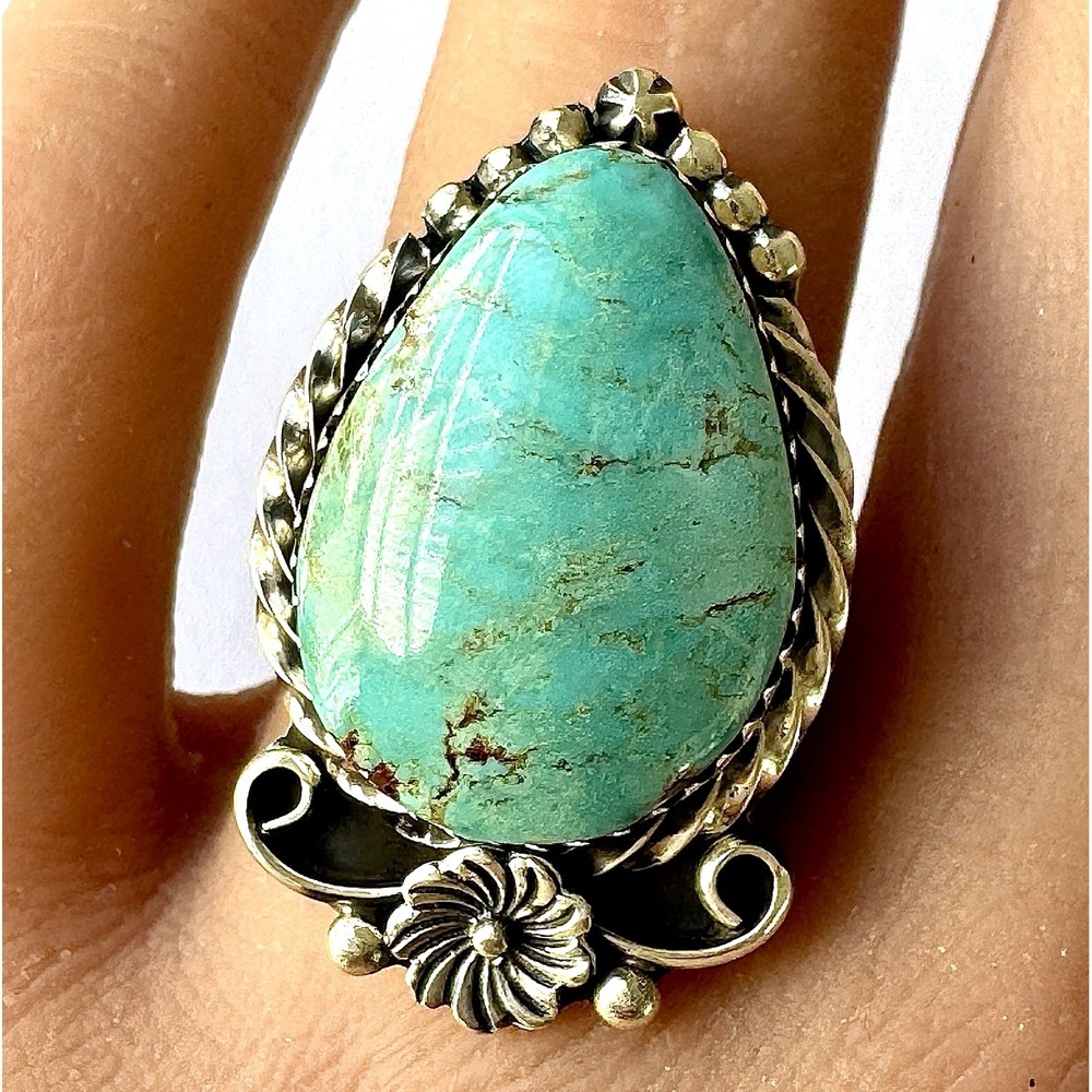 Native American Turquoise Ring Sz 8 Pear Flower‎ Signed Lewis Sterling Navajo